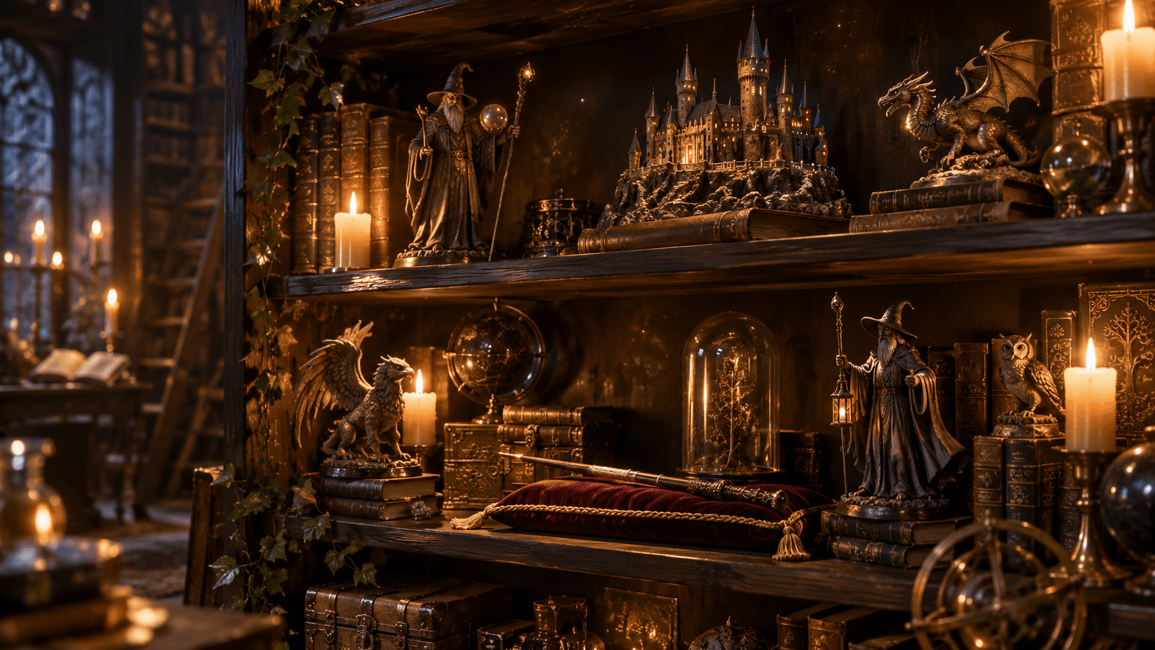 Candlelit collector's shelf with fantasy wizard and dragon figurines, an old castle model and books