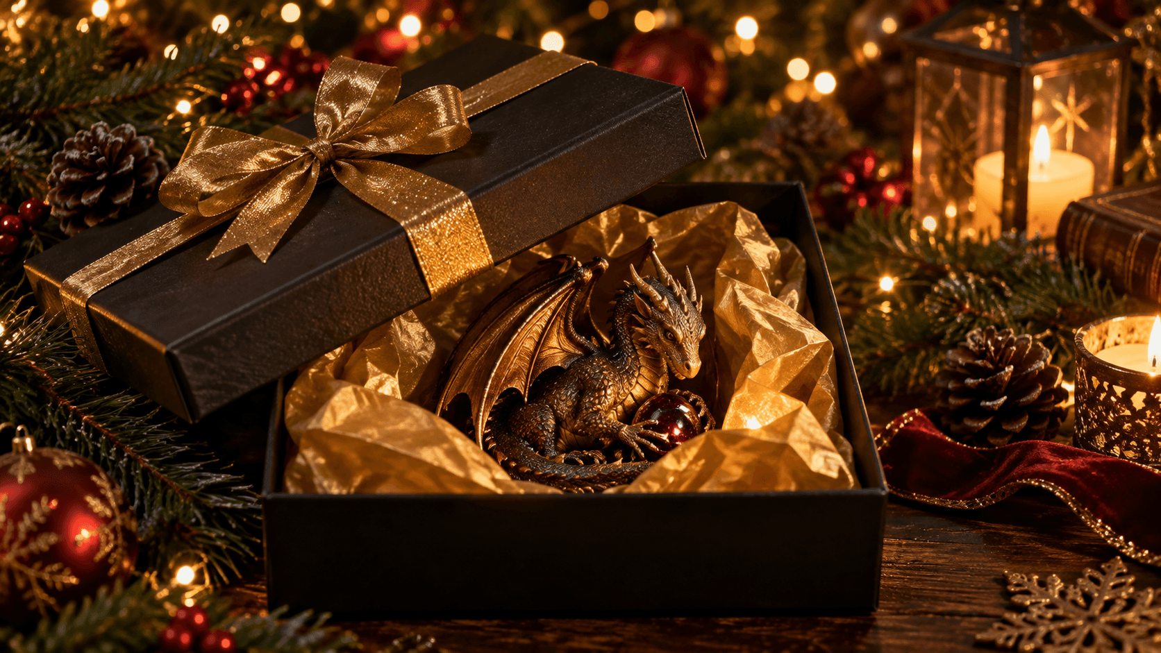 An open gift box revealing a golden dragon figurine, surrounded by Christmas lights and pine branches