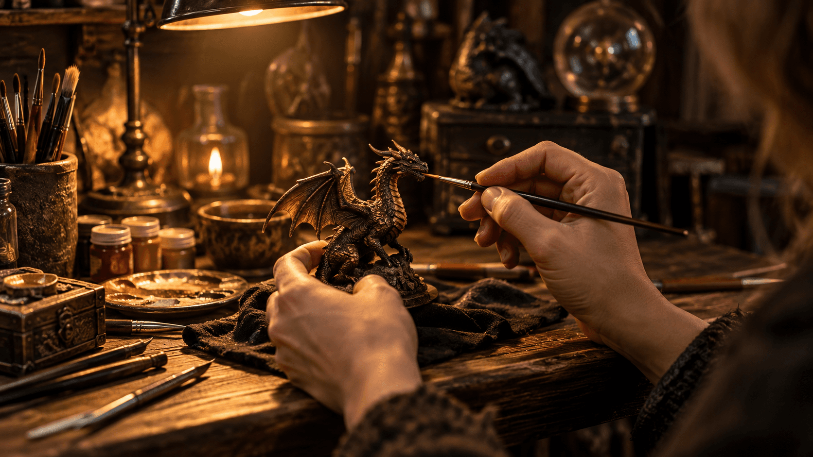 Artisan hands gently cleaning a hand-painted fantasy figurine with a soft brush in a warm workshop