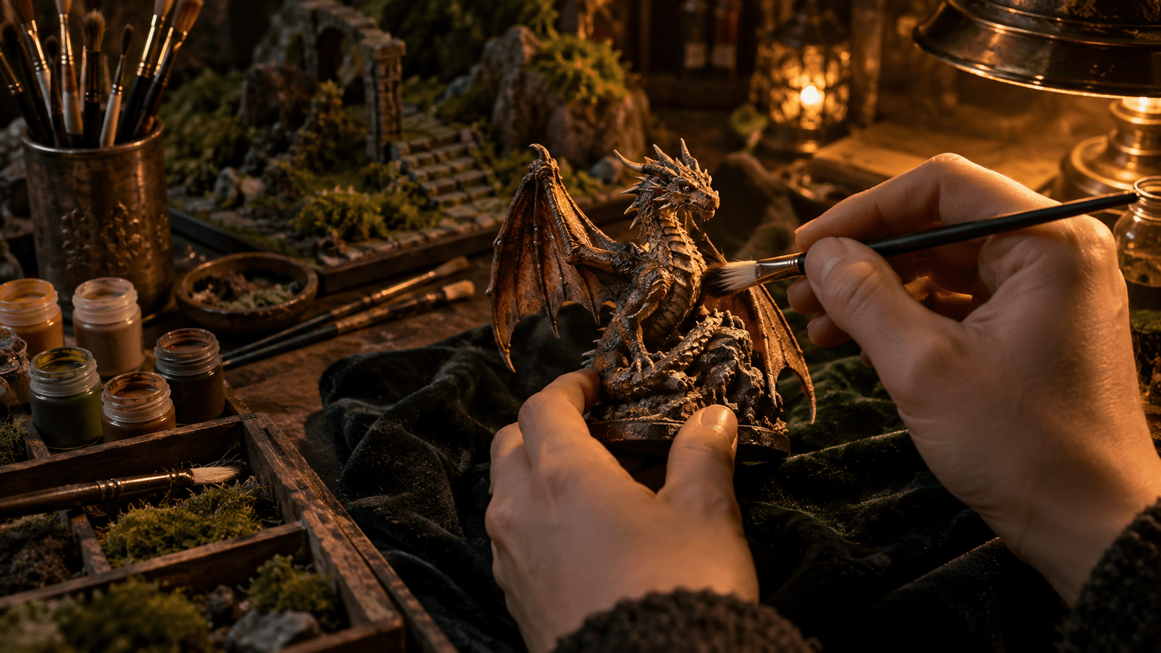 Artisan hands painting a dragon figurine on an in-progress moss and stone diorama base