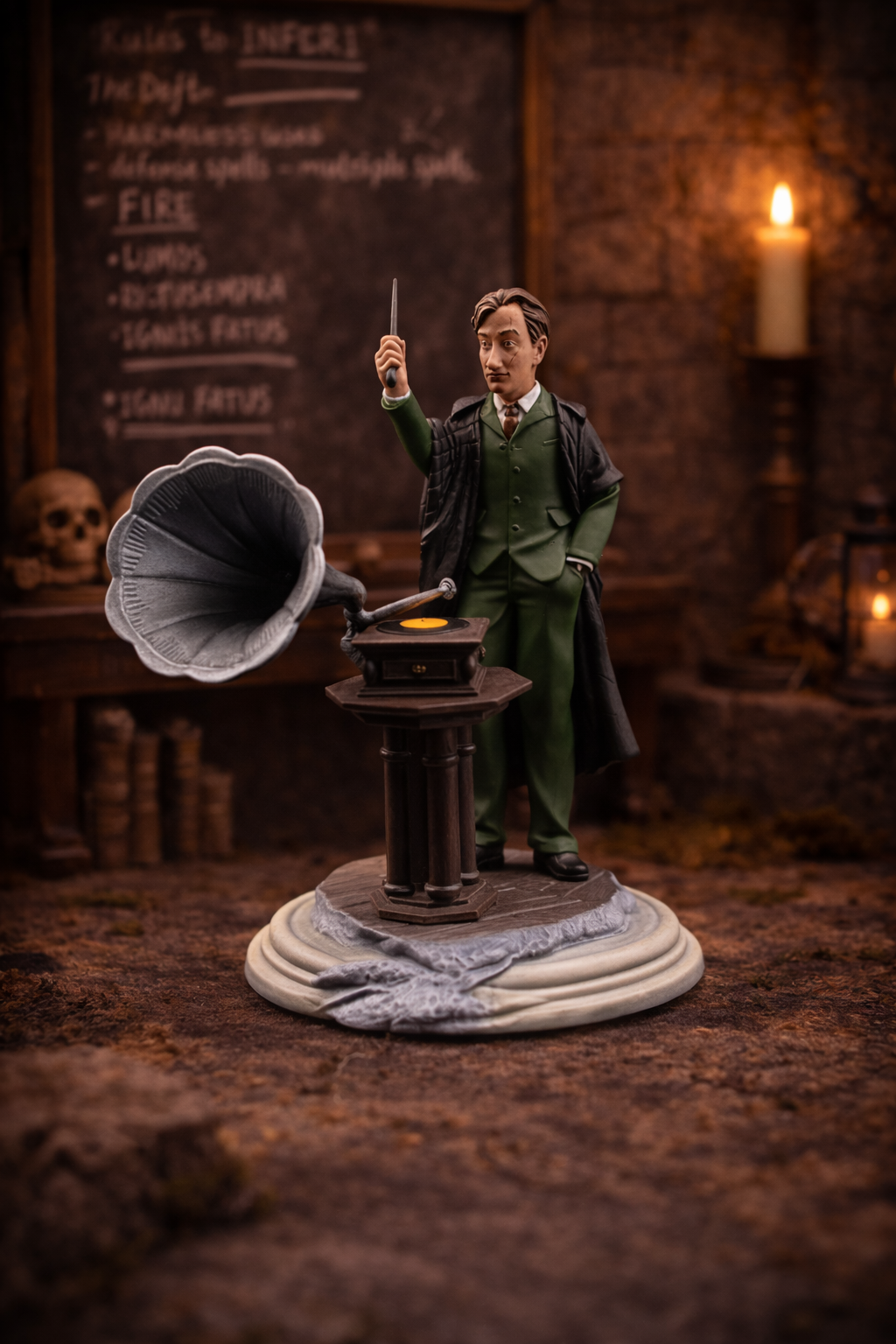 remus lupin junto a una gramola mágica inspirado en la escena de defensa contra las artes oscuras en hogwarts del mundo mágico de harry potter figura coleccionable decorativa